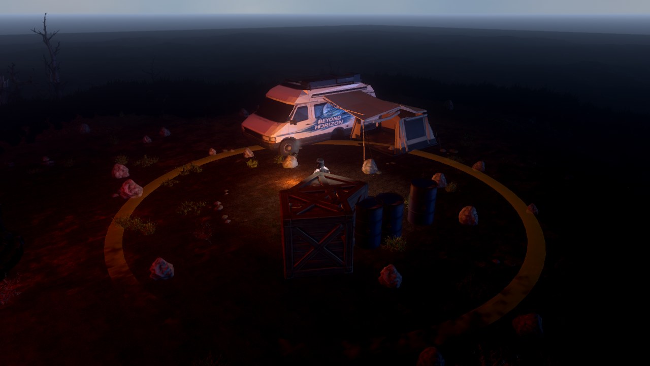 The safe camp at night with a glowing safe-zone ring and camper van